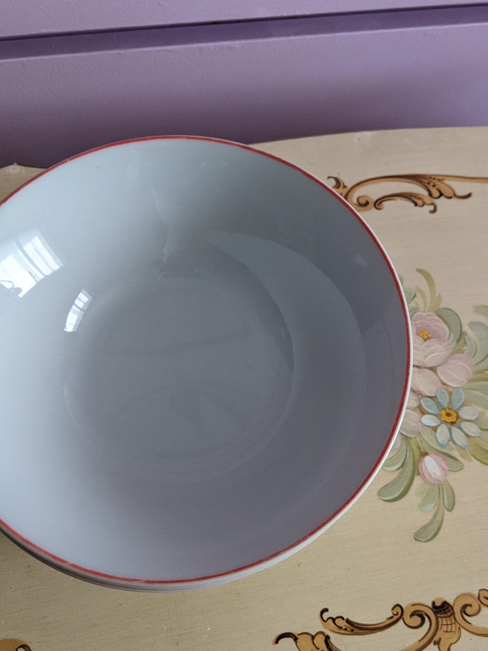 Simple White Ceramic Bowl with Red Rim